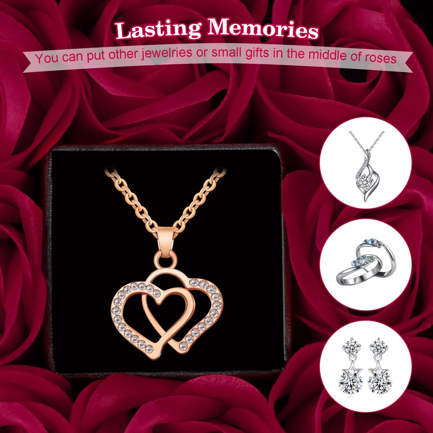 Eternal Rose Flower Rising Jewelry Gift Box with Heart Necklace and Greeting Card