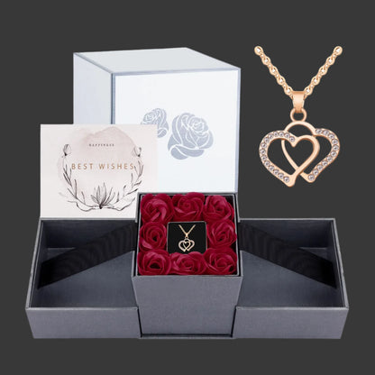 Eternal Rose Flower Rising Jewelry Gift Box with Heart Necklace and Greeting Card