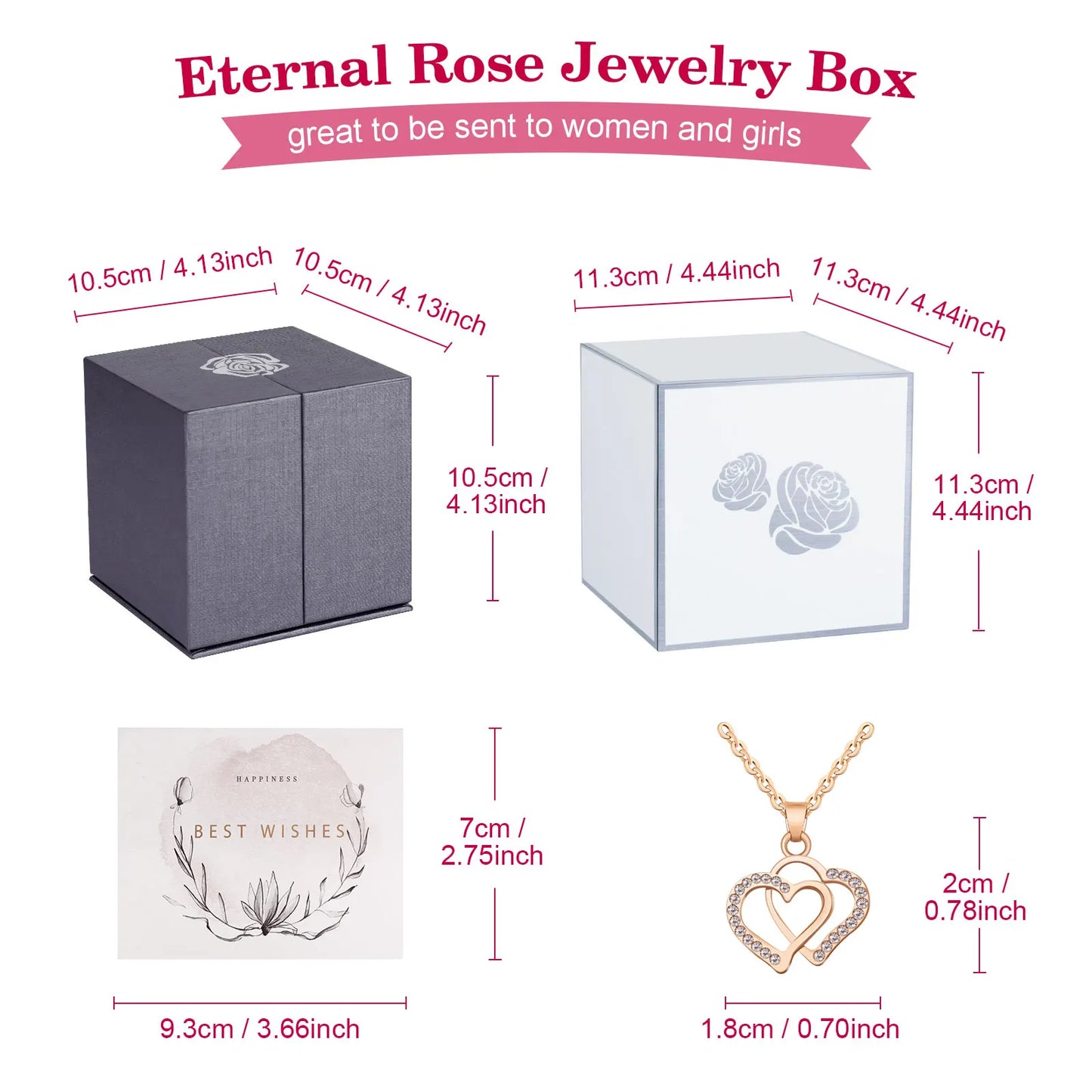 Eternal Rose Flower Rising Jewelry Gift Box with Heart Necklace and Greeting Card