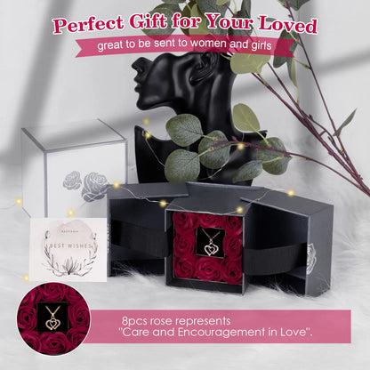 Eternal Rose Flower Rising Jewelry Gift Box with Heart Necklace and Greeting Card