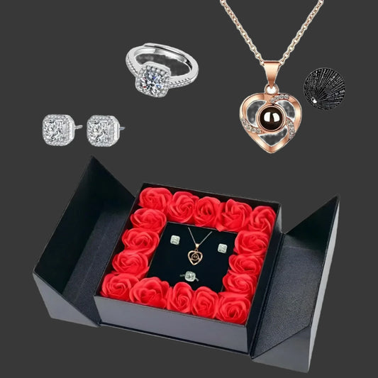 Luxury Lover Heart Necklace with the Elegant Eternal Rose Flower Gift Box Set